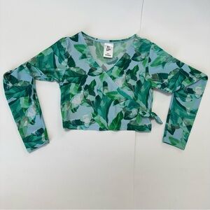 Art Class Crop Rashguard swim top faux wrap, Tropical Leaf, green blue, UPF, 7/8